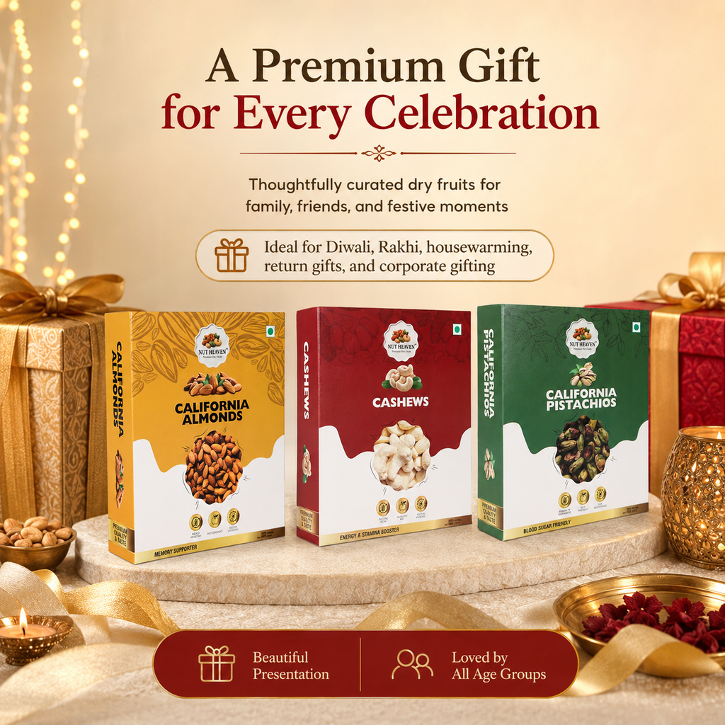 Nut Heaven Almonds 200g + Cashews 200g + Pistachios 200g | Festive Delight Box | Premium Dry Fruits Gift Pack