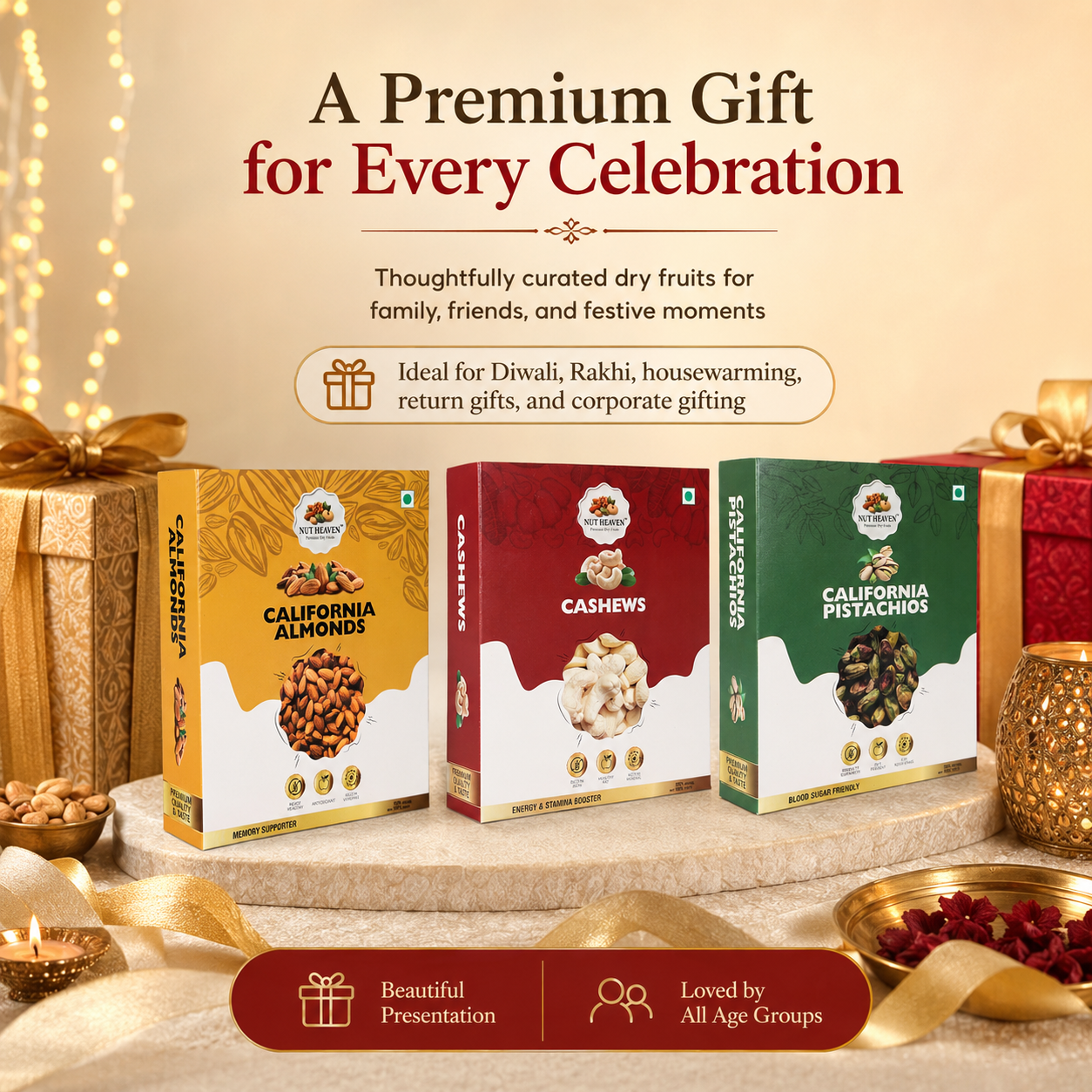 Nut Heaven Almonds 200g + Cashews 200g + Pistachios 200g | Festive Delight Box | Premium Dry Fruits Gift Pack