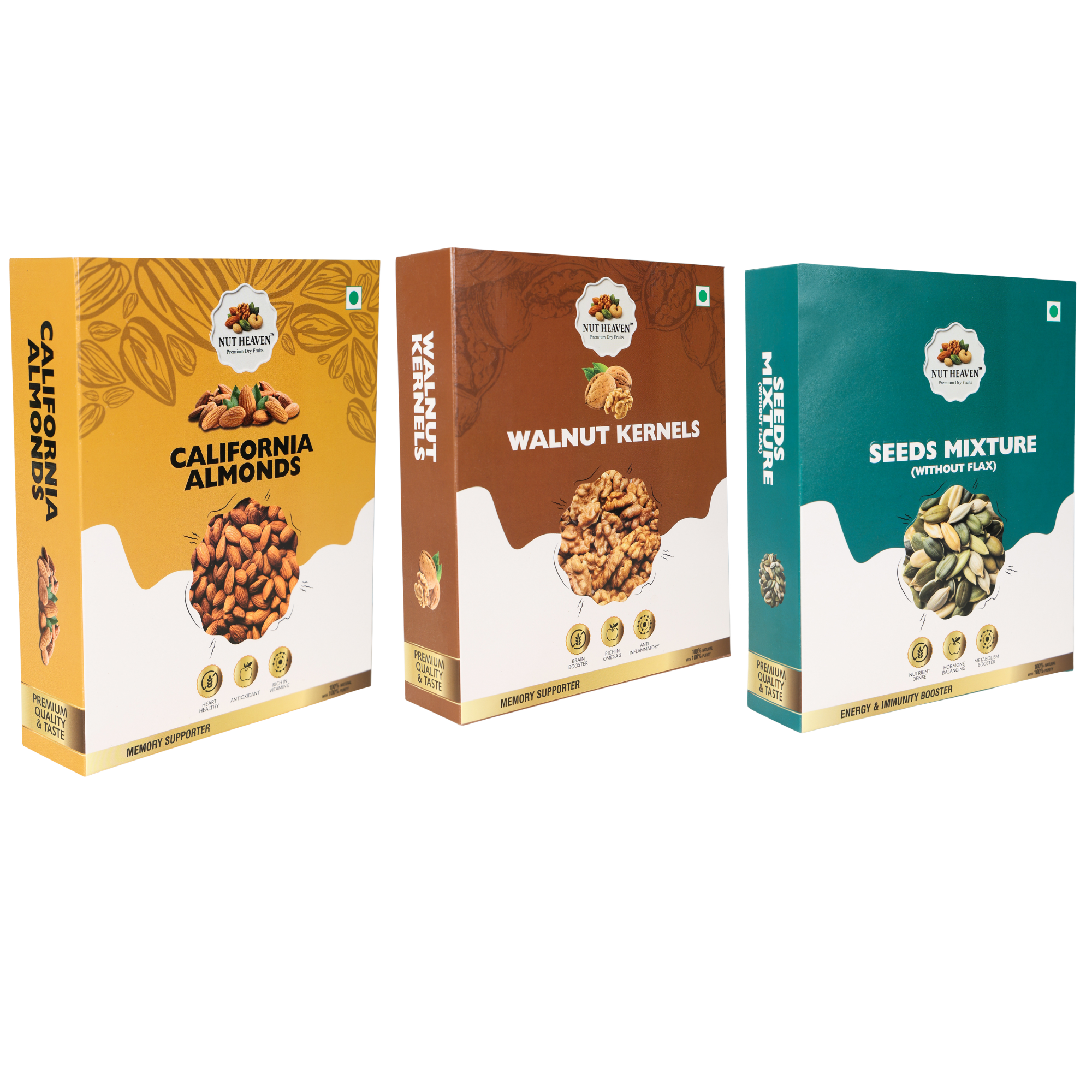 Nut Heaven Almonds 200g + Walnuts 200g + Seed Mix 200g | Healthy Gift Box | Nutrition Combo Pack