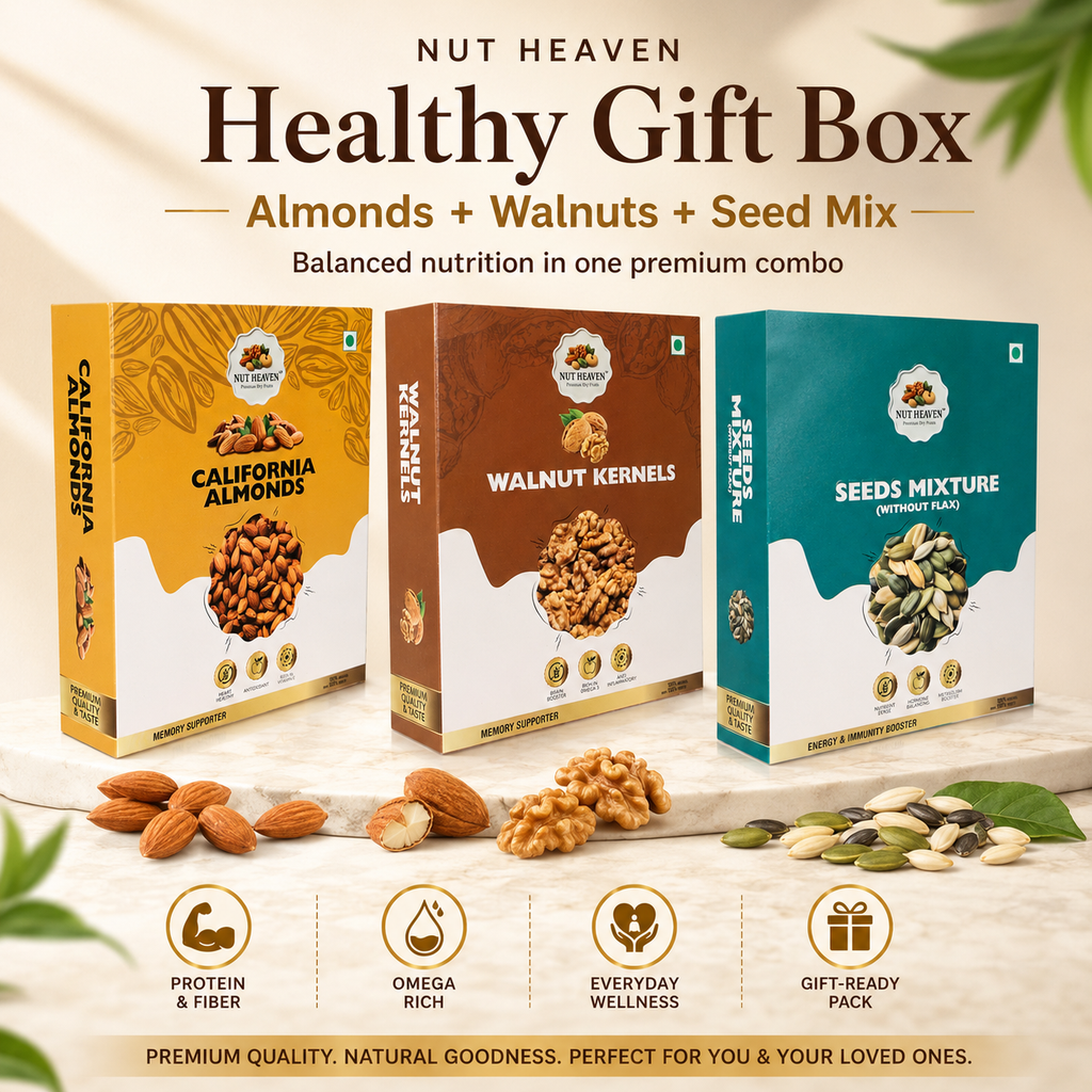 Nut Heaven Almonds 200g + Walnuts 200g + Seed Mix 200g | Healthy Gift Box | Nutrition Combo Pack