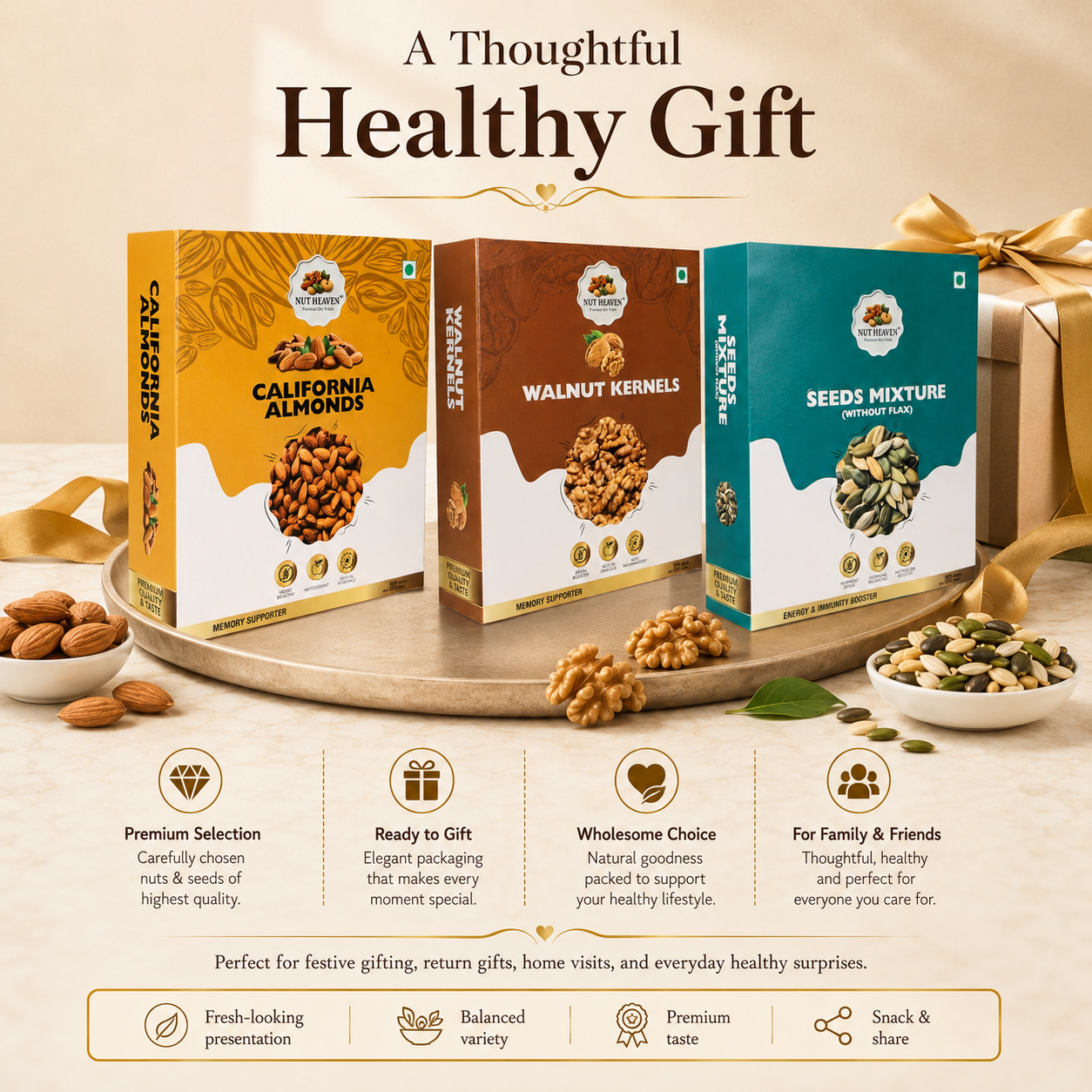 Nut Heaven Almonds 200g + Walnuts 200g + Seed Mix 200g | Healthy Gift Box | Nutrition Combo Pack