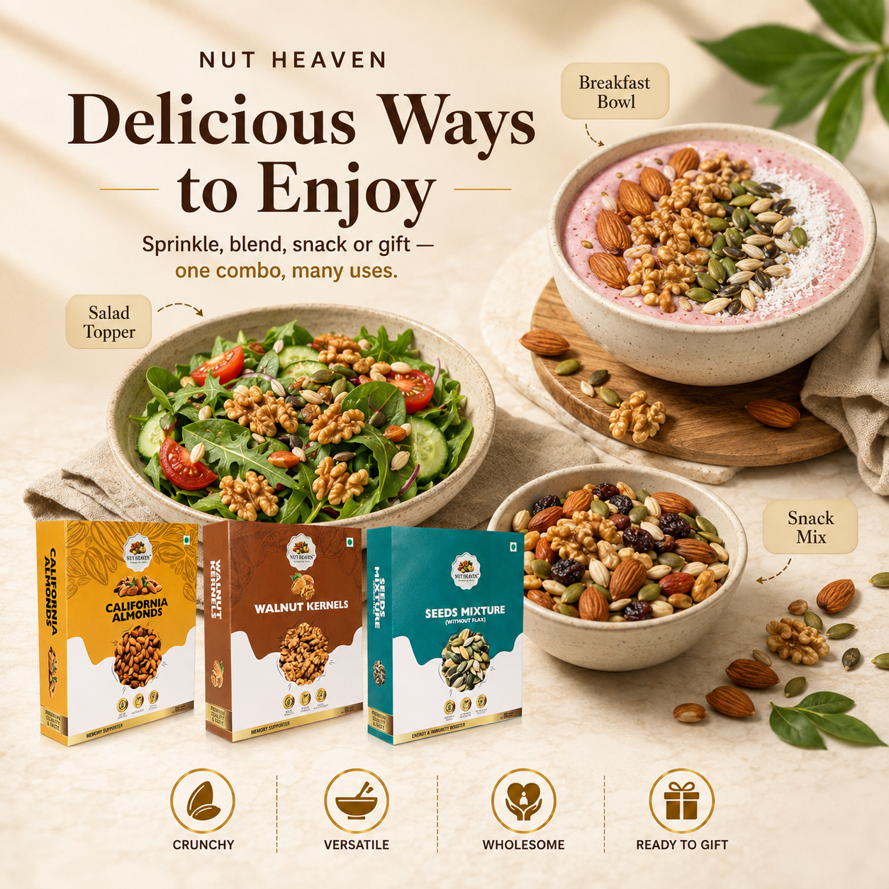 Nut Heaven Almonds 200g + Walnuts 200g + Seed Mix 200g | Healthy Gift Box | Nutrition Combo Pack
