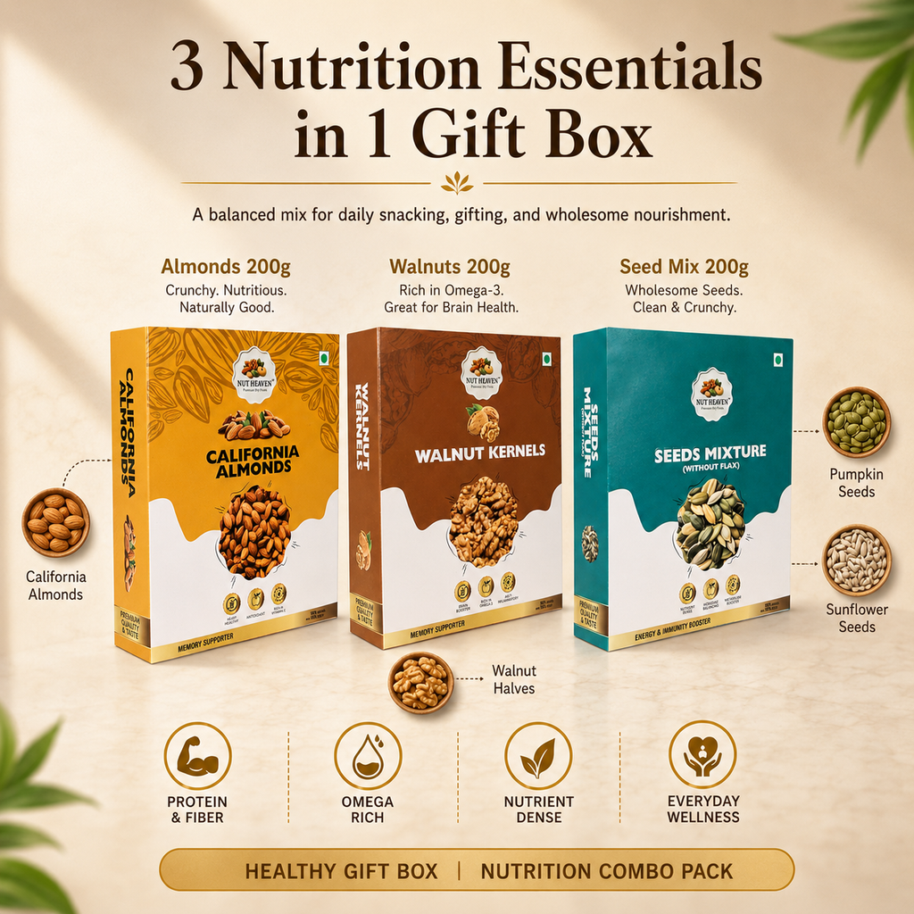 Nut Heaven Almonds 200g + Walnuts 200g + Seed Mix 200g | Healthy Gift Box | Nutrition Combo Pack