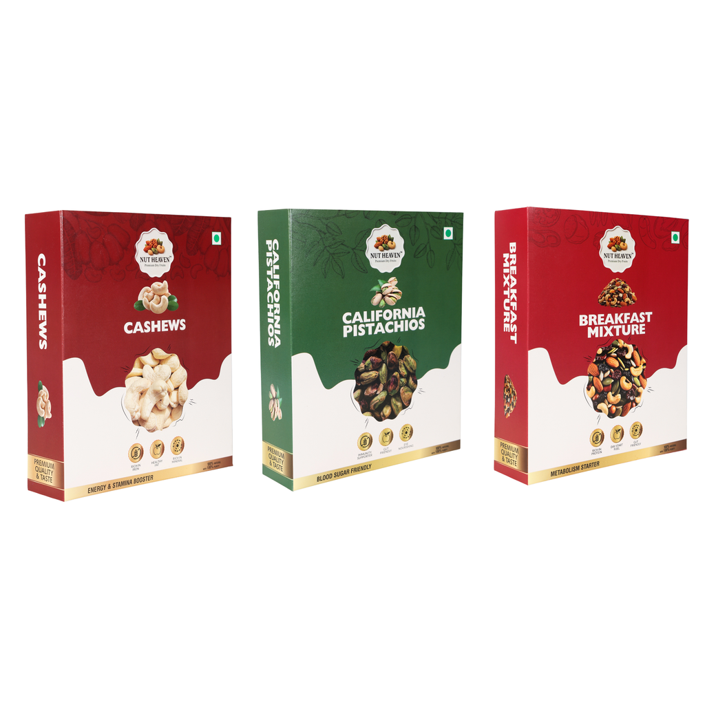 Nut Heaven Cashews 200g + Pistachios 200g + Breakfast Mix 200g | Snack Gift Pack | Healthy Dry Fruits Combo