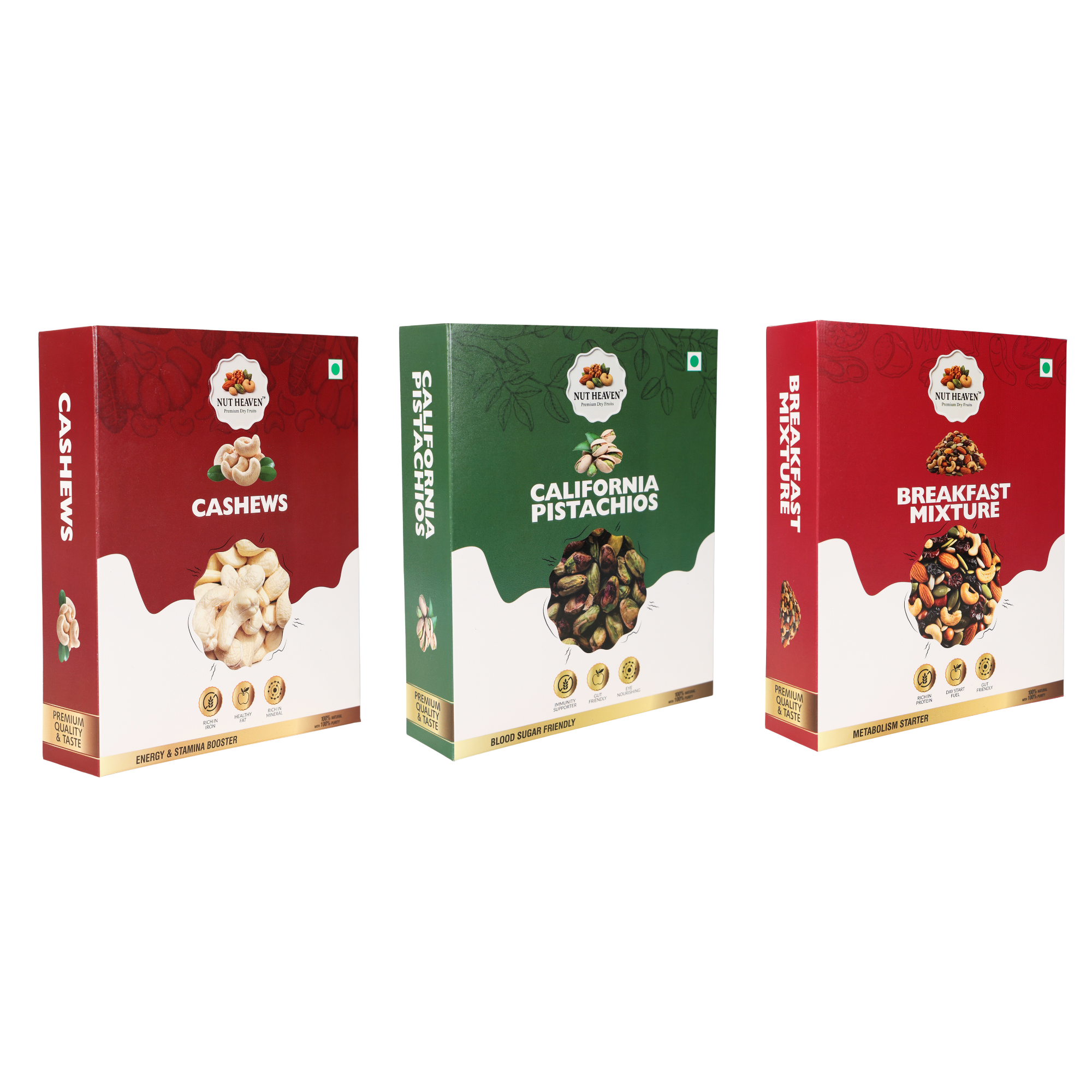 Nut Heaven Cashews 200g + Pistachios 200g + Breakfast Mix 200g | Snack Gift Pack | Healthy Dry Fruits Combo