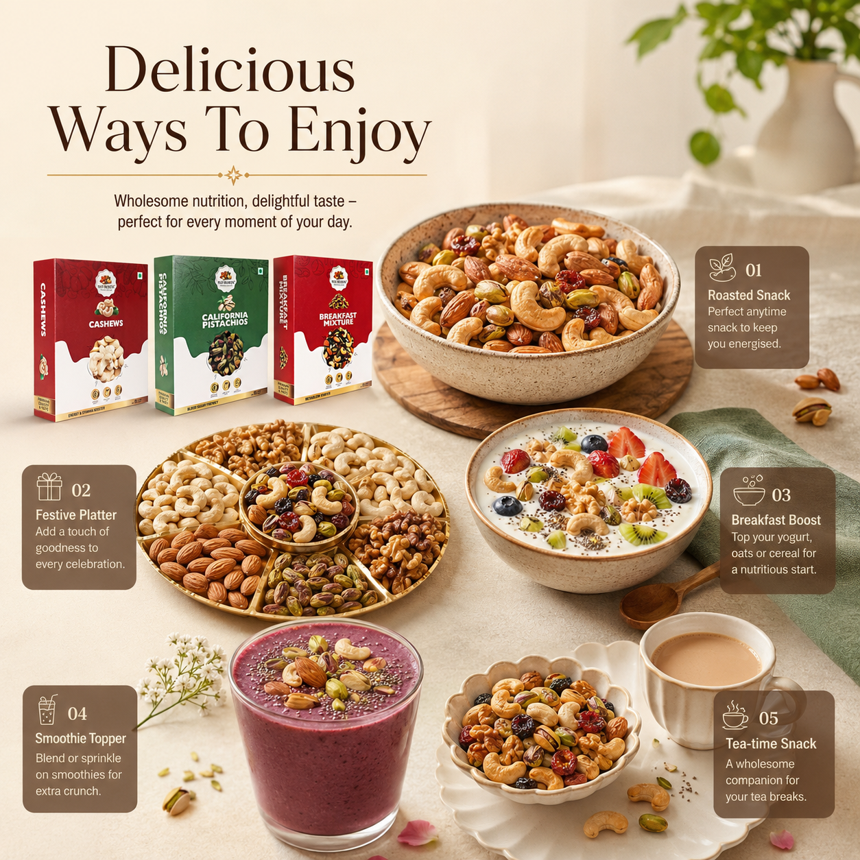 Nut Heaven Cashews 200g + Pistachios 200g + Breakfast Mix 200g | Snack Gift Pack | Healthy Dry Fruits Combo