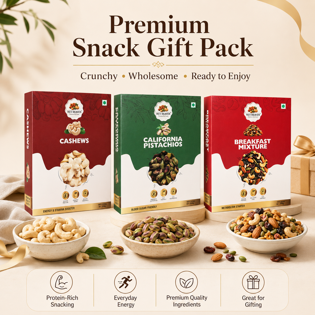 Nut Heaven Cashews 200g + Pistachios 200g + Breakfast Mix 200g | Snack Gift Pack | Healthy Dry Fruits Combo