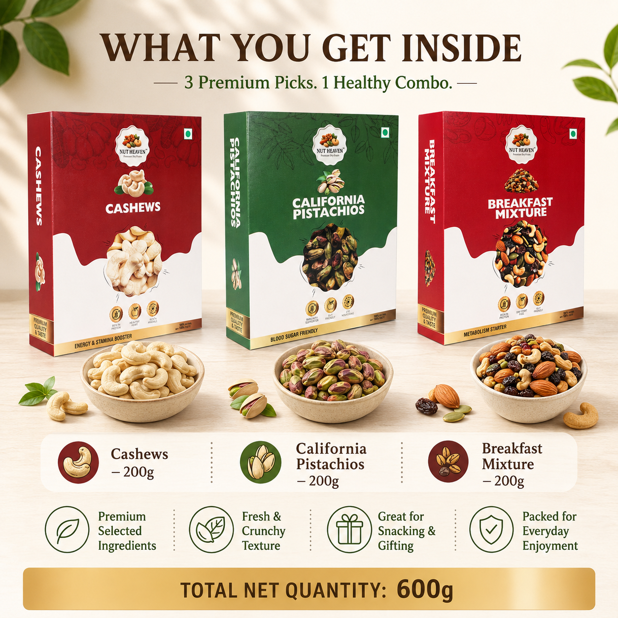 Nut Heaven Cashews 200g + Pistachios 200g + Breakfast Mix 200g | Snack Gift Pack | Healthy Dry Fruits Combo
