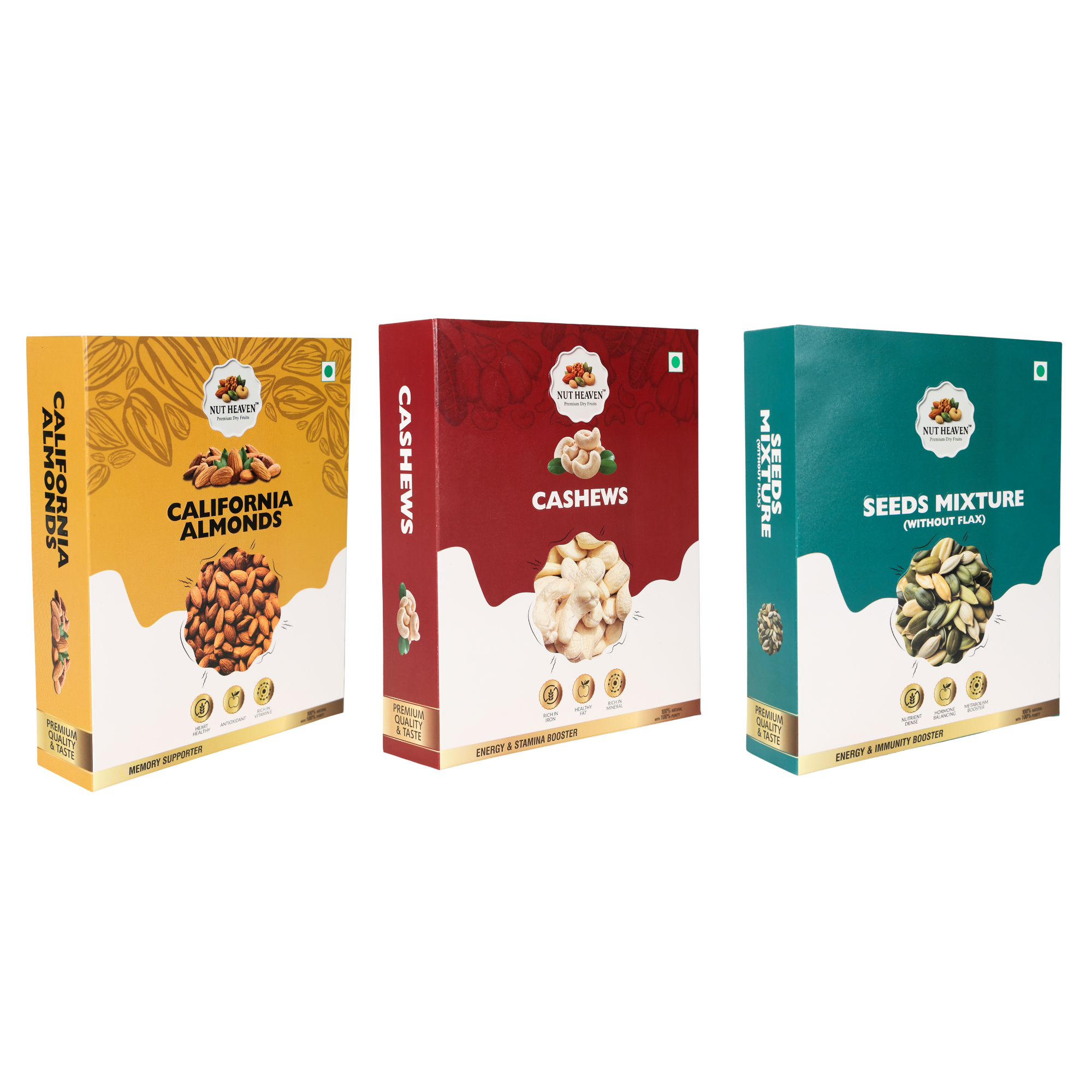 Nut Heaven Almonds 200g + Cashews 200g + Seed Mix 200g | Smart Gifting Combo | Healthy Nutrition Pack