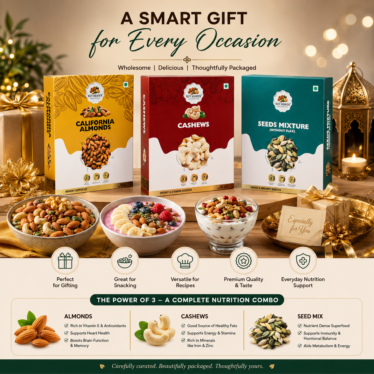 Nut Heaven Almonds 200g + Cashews 200g + Seed Mix 200g | Smart Gifting Combo | Healthy Nutrition Pack