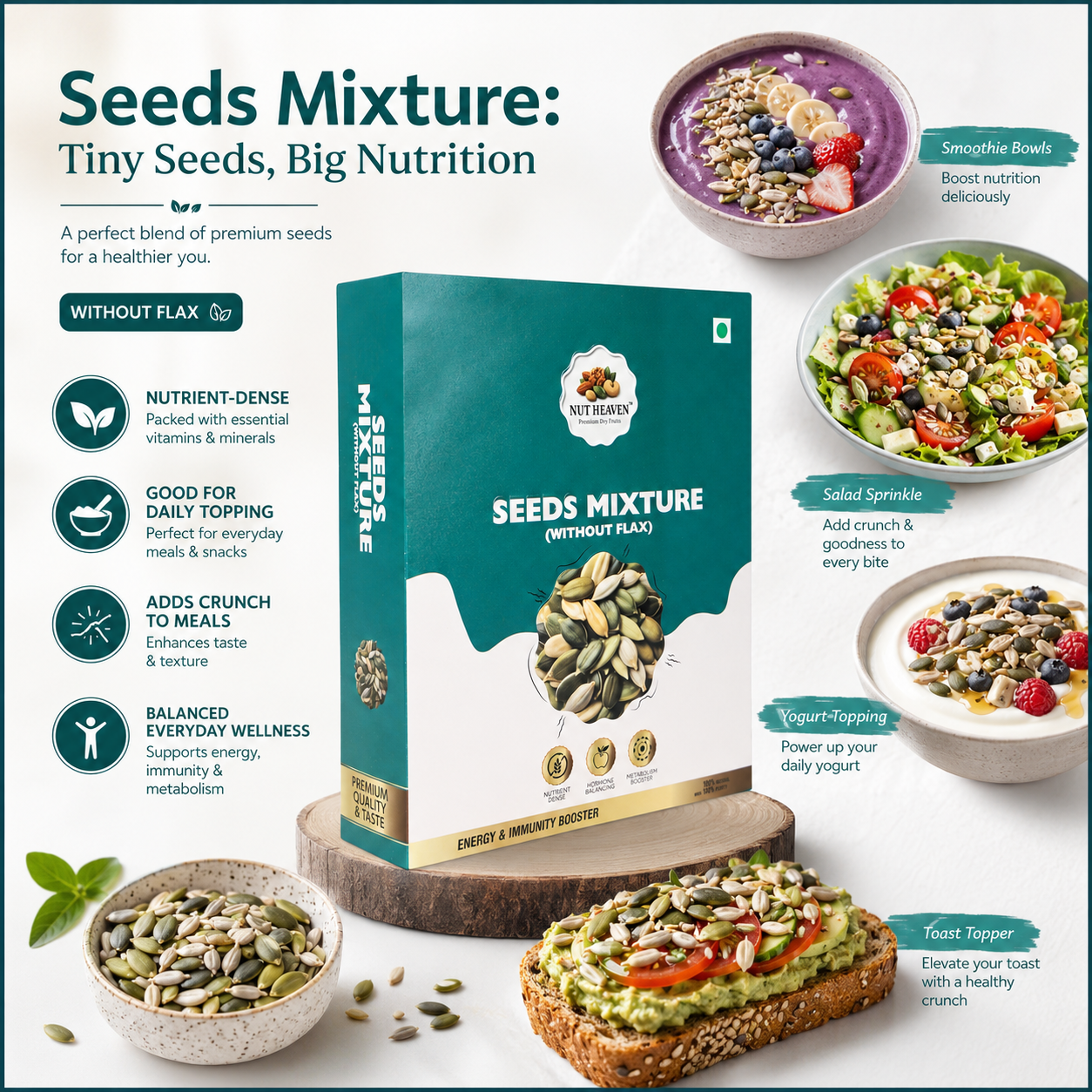 Nut Heaven Almonds 200g + Cashews 200g + Seed Mix 200g | Smart Gifting Combo | Healthy Nutrition Pack
