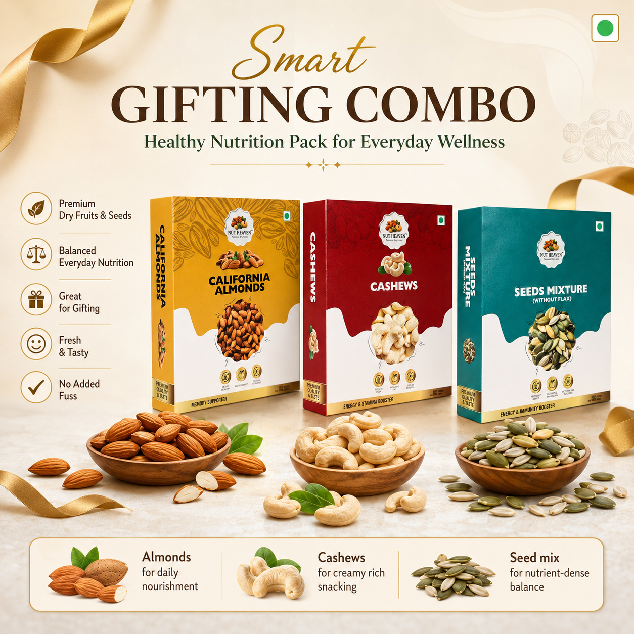 Nut Heaven Almonds 200g + Cashews 200g + Seed Mix 200g | Smart Gifting Combo | Healthy Nutrition Pack