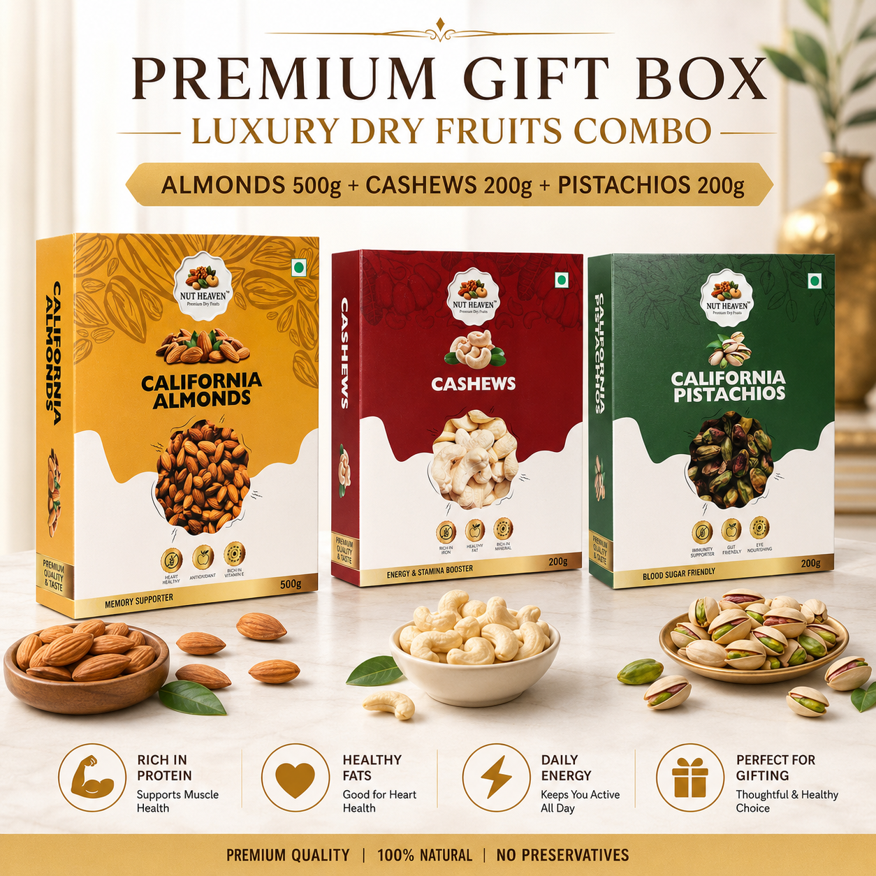 Nut Heaven Almonds 500g + Cashews 200g + Pistachios 200g | Premium Gift Box | Luxury Dry Fruits Combo