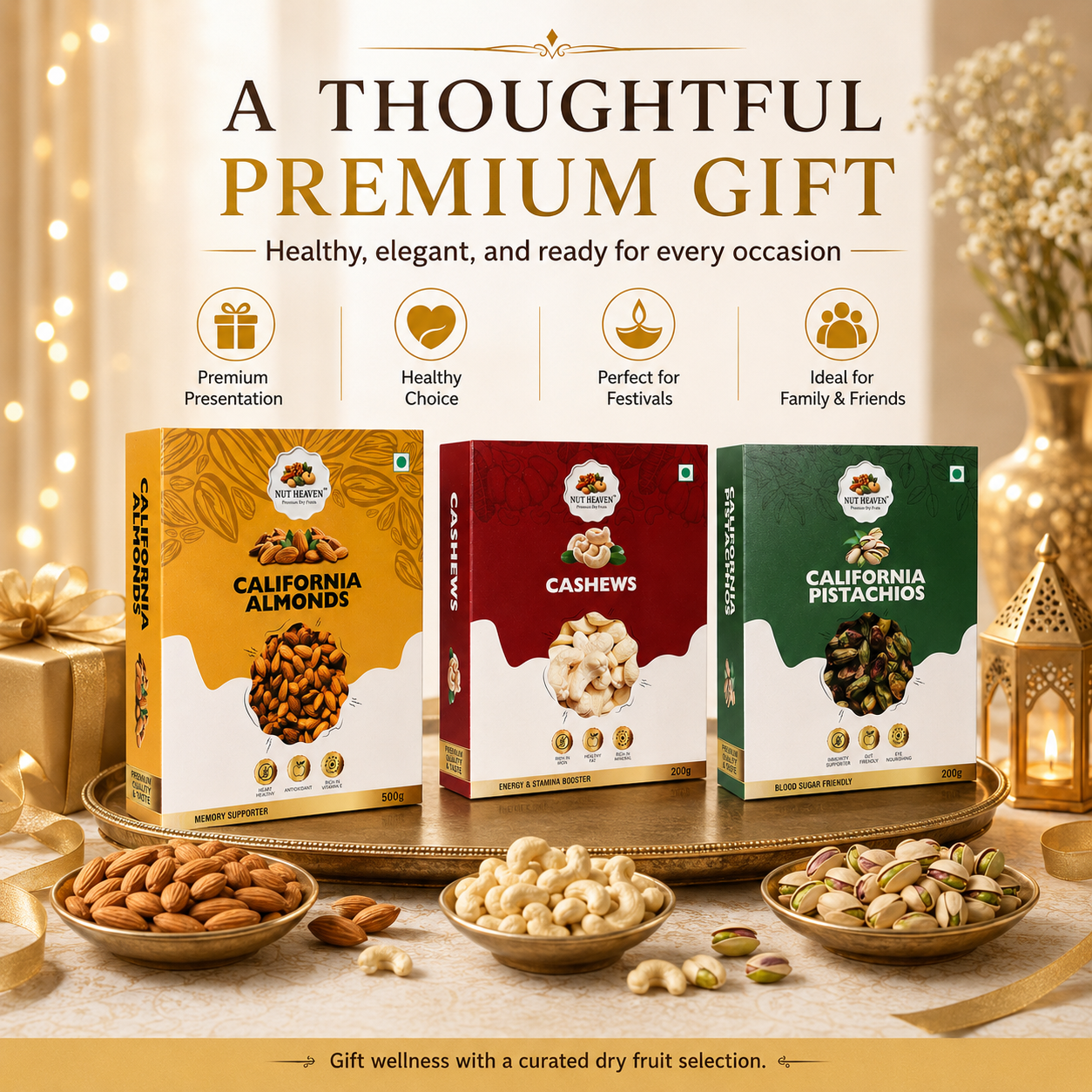 Nut Heaven Almonds 500g + Cashews 200g + Pistachios 200g | Premium Gift Box | Luxury Dry Fruits Combo