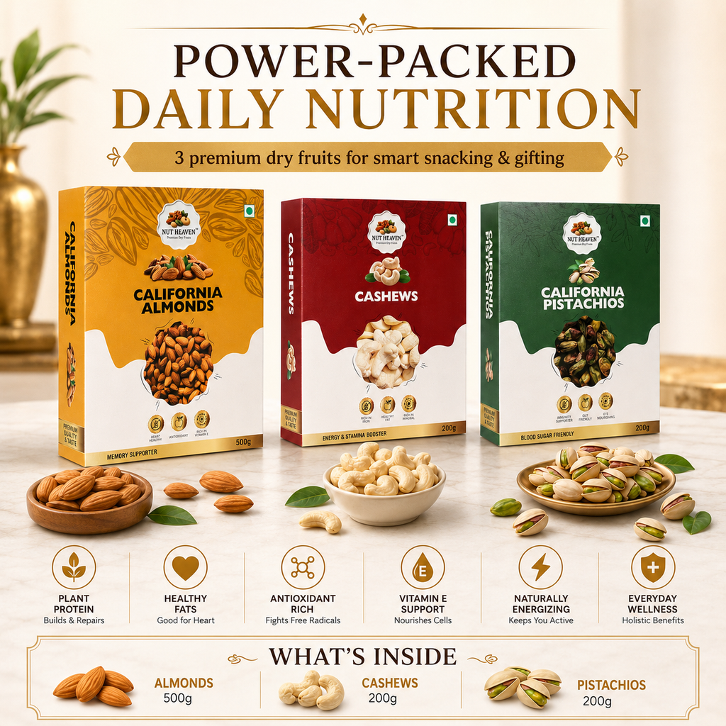 Nut Heaven Almonds 500g + Cashews 200g + Pistachios 200g | Premium Gift Box | Luxury Dry Fruits Combo