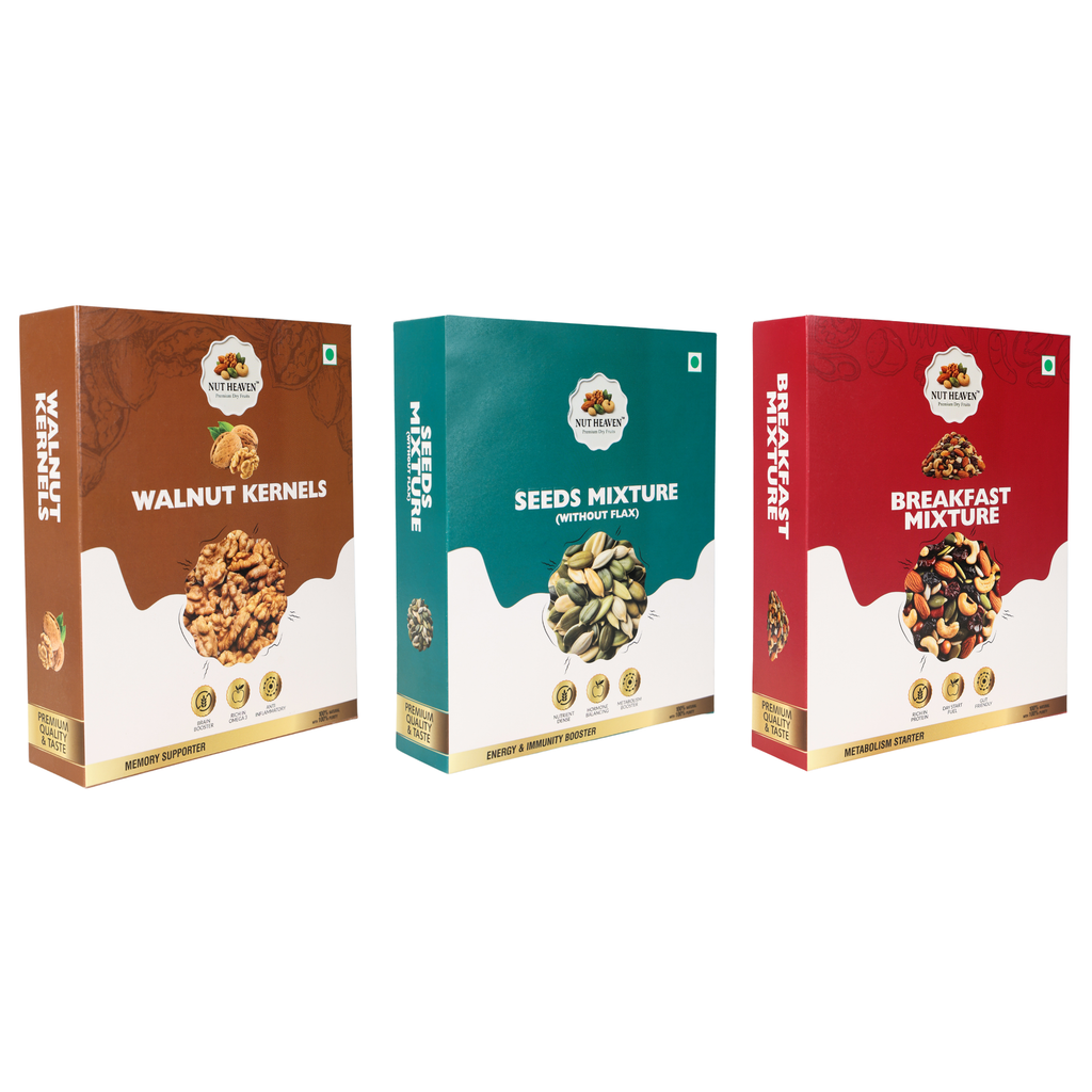 Nut Heaven Walnuts 200g + Seed Mix 200g + Breakfast Mix 200g | Wellness Gift Pack | Healthy Snack Combo