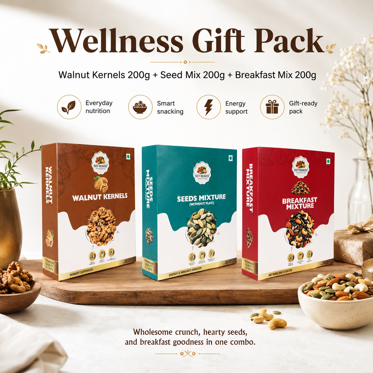 Nut Heaven Walnuts 200g + Seed Mix 200g + Breakfast Mix 200g | Wellness Gift Pack | Healthy Snack Combo