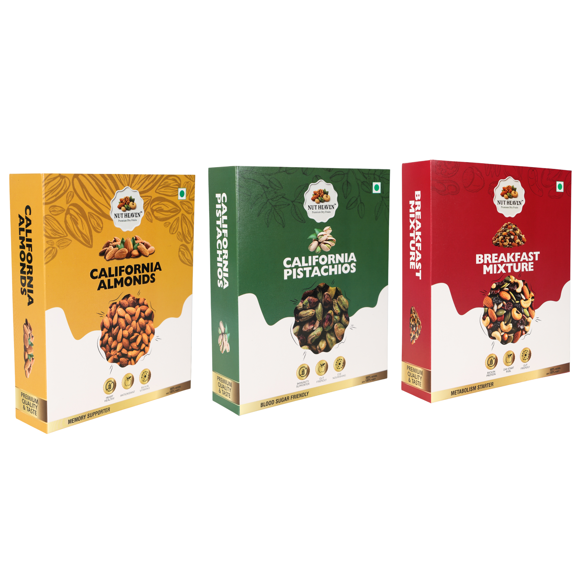 Nut Heaven Almonds 200g + Pistachios 200g + Breakfast Mix 200g | Festive Energy Pack | Healthy Snack Combo