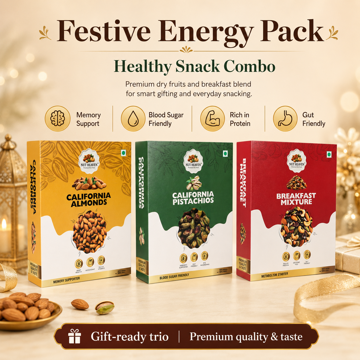 Nut Heaven Almonds 200g + Pistachios 200g + Breakfast Mix 200g | Festive Energy Pack | Healthy Snack Combo