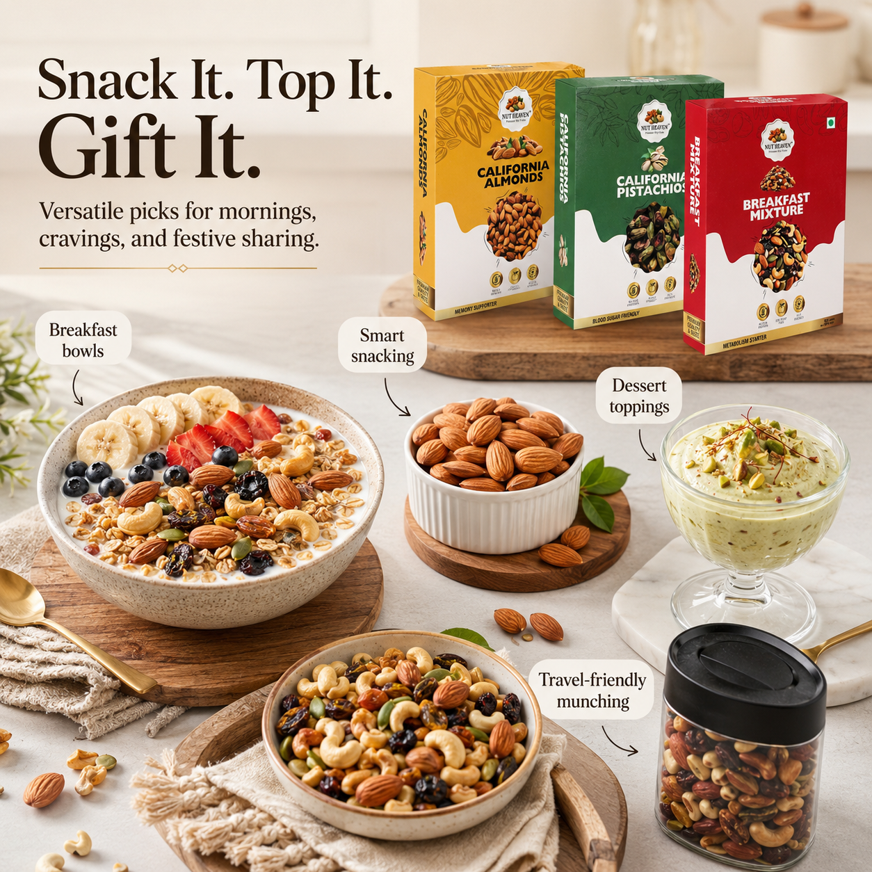 Nut Heaven Almonds 200g + Pistachios 200g + Breakfast Mix 200g | Festive Energy Pack | Healthy Snack Combo