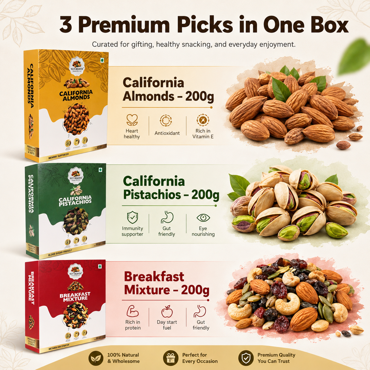 Nut Heaven Almonds 200g + Pistachios 200g + Breakfast Mix 200g | Festive Energy Pack | Healthy Snack Combo