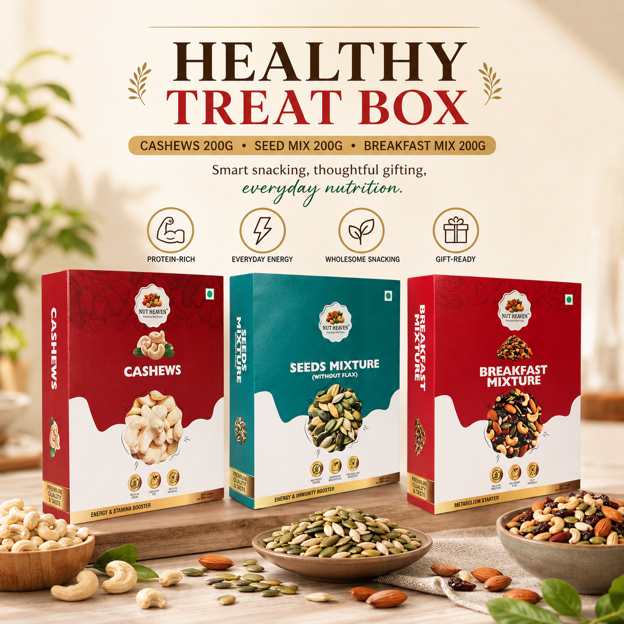 Nut Heaven Cashews 200g + Seed Mix 200g + Breakfast Mix 200g | Healthy Treat Box | Nutrition Snack Combo