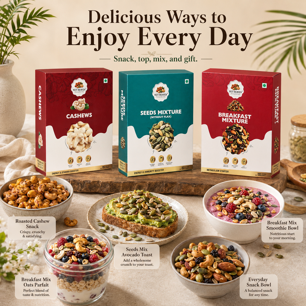 Nut Heaven Cashews 200g + Seed Mix 200g + Breakfast Mix 200g | Healthy Treat Box | Nutrition Snack Combo