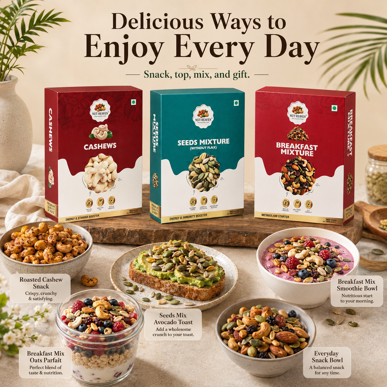 Nut Heaven Cashews 200g + Seed Mix 200g + Breakfast Mix 200g | Healthy Treat Box | Nutrition Snack Combo