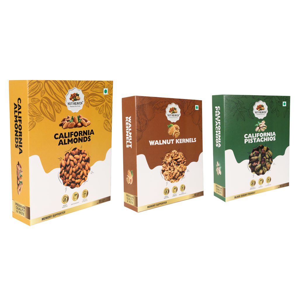 Nut Heaven Almonds 500g + Walnuts 200g + Pistachios 200g | Luxury Gift Pack | Premium Dry Fruits Combo