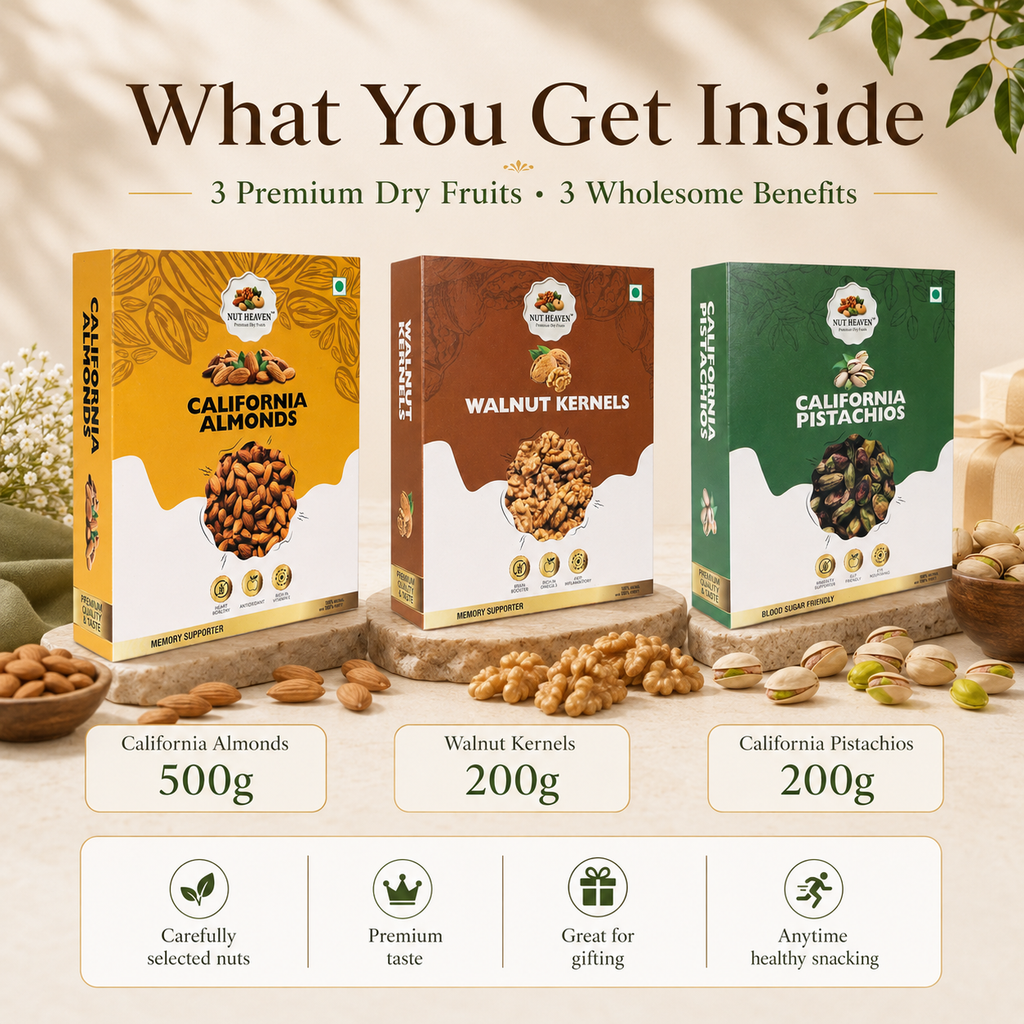 Nut Heaven Almonds 500g + Walnuts 200g + Pistachios 200g | Luxury Gift Pack | Premium Dry Fruits Combo