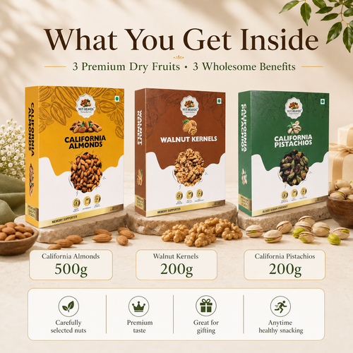 Nut Heaven Almonds 500g + Walnuts 200g + Pistachios 200g | Luxury Gift Pack | Premium Dry Fruits Combo