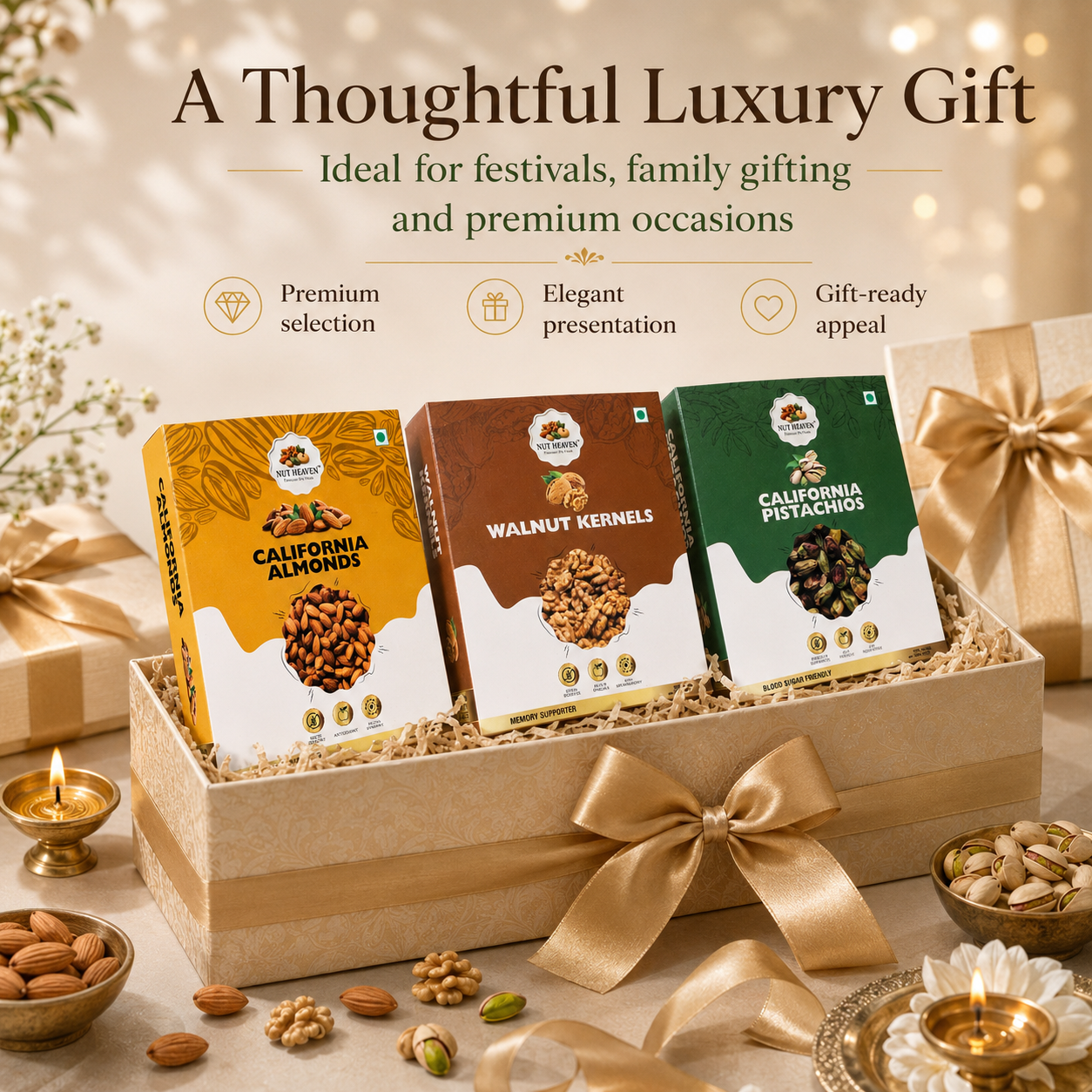 Nut Heaven Almonds 500g + Walnuts 200g + Pistachios 200g | Luxury Gift Pack | Premium Dry Fruits Combo
