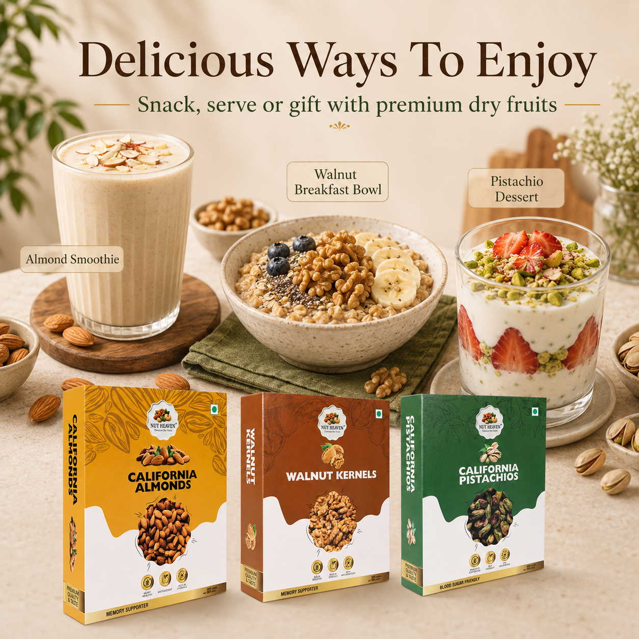 Nut Heaven Almonds 500g + Walnuts 200g + Pistachios 200g | Luxury Gift Pack | Premium Dry Fruits Combo