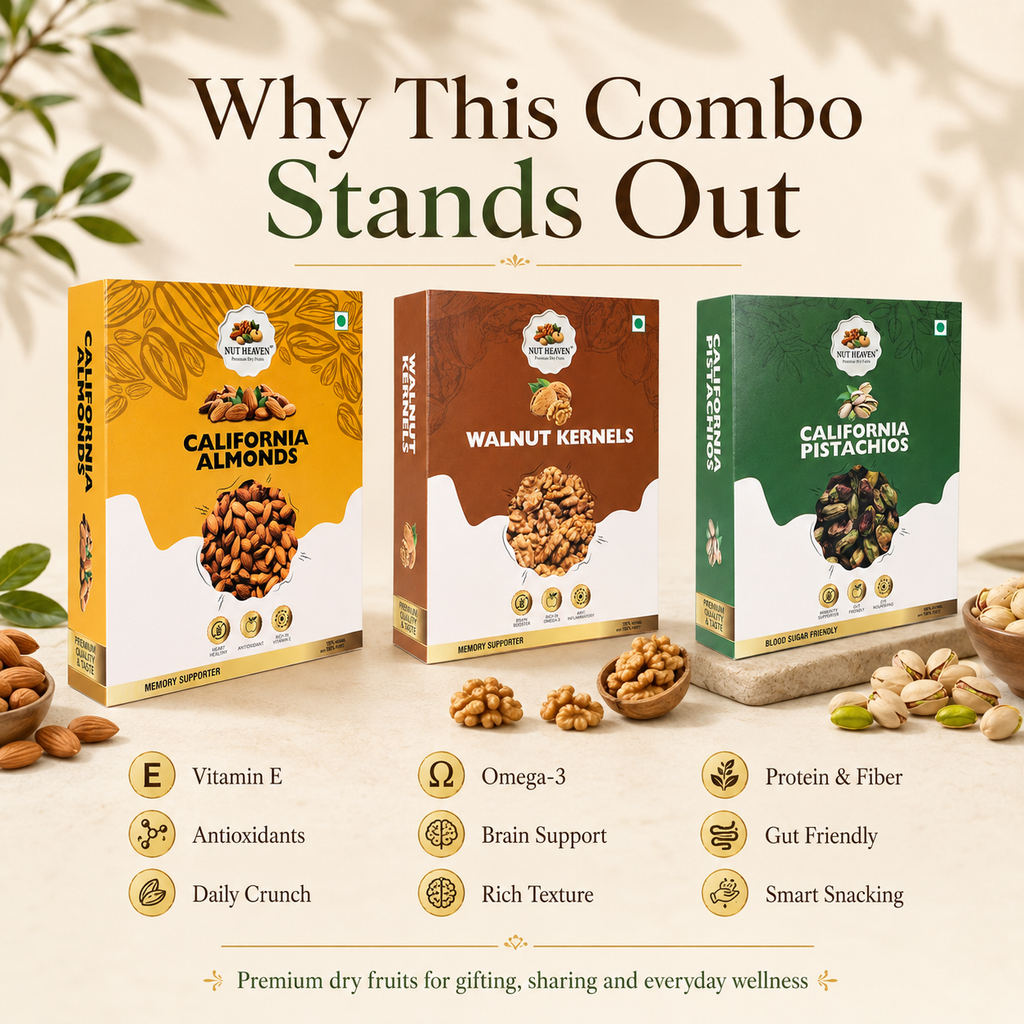Nut Heaven Almonds 500g + Walnuts 200g + Pistachios 200g | Luxury Gift Pack | Premium Dry Fruits Combo
