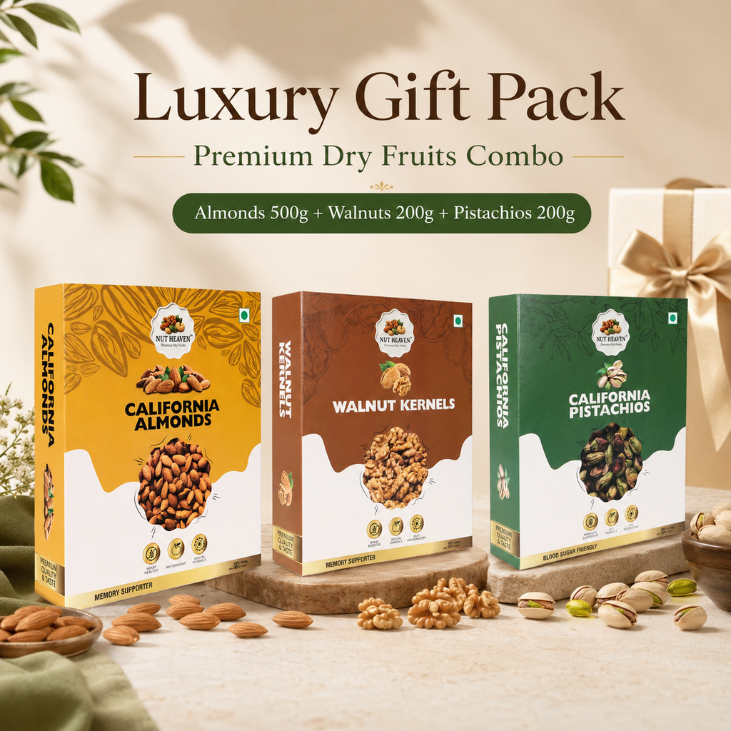 Nut Heaven Almonds 500g + Walnuts 200g + Pistachios 200g | Luxury Gift Pack | Premium Dry Fruits Combo