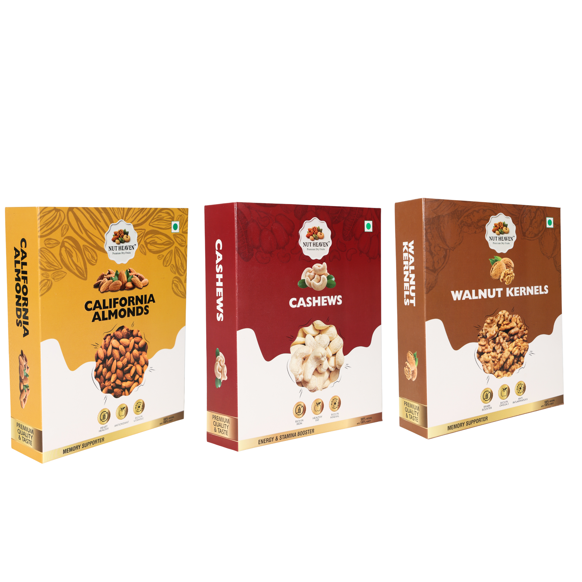 Nut Heaven Almonds 200g + Cashews 200g + Walnuts 200g | Royal Trio Box | Premium Healthy Dry Fruits Combo