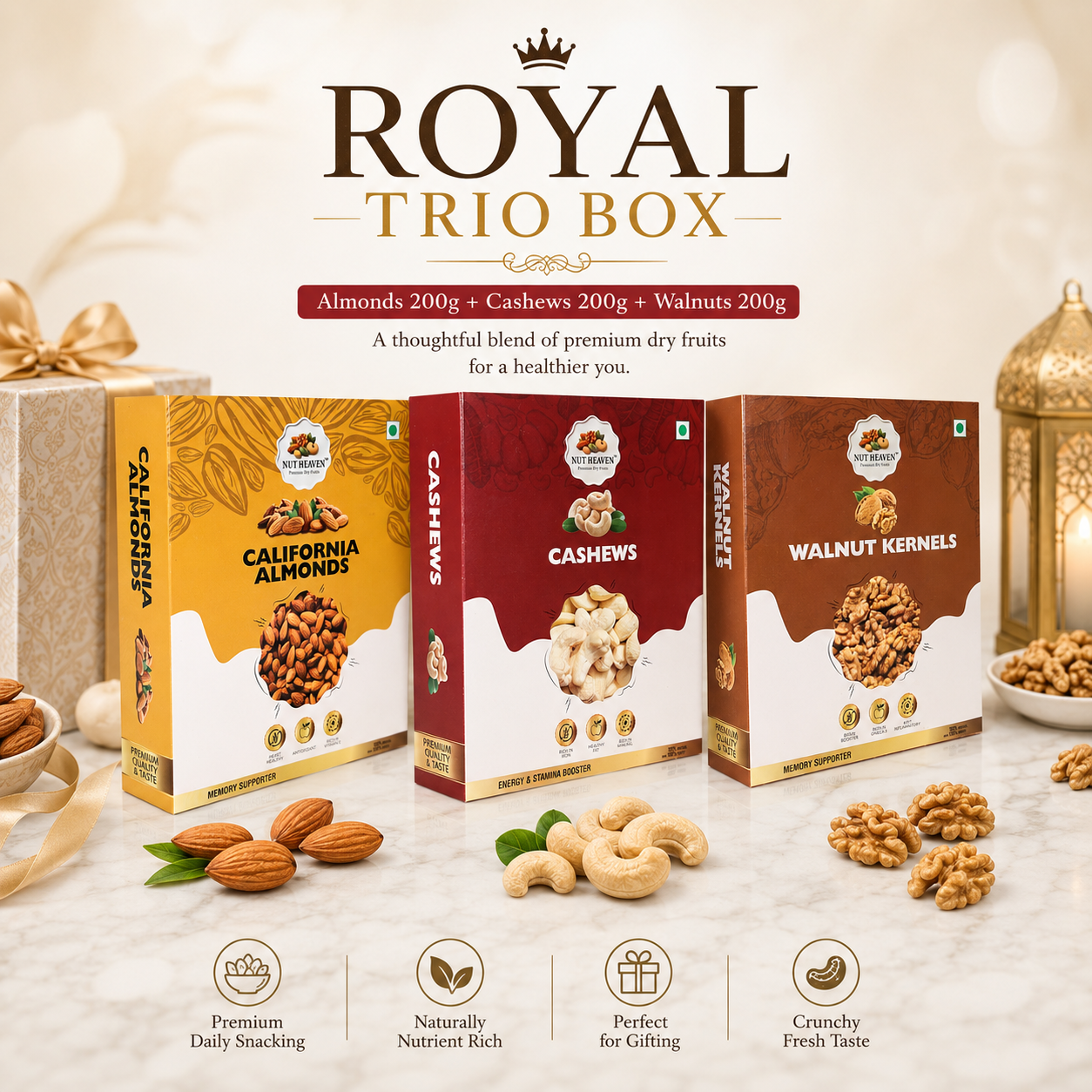Nut Heaven Almonds 200g + Cashews 200g + Walnuts 200g | Royal Trio Box | Premium Healthy Dry Fruits Combo