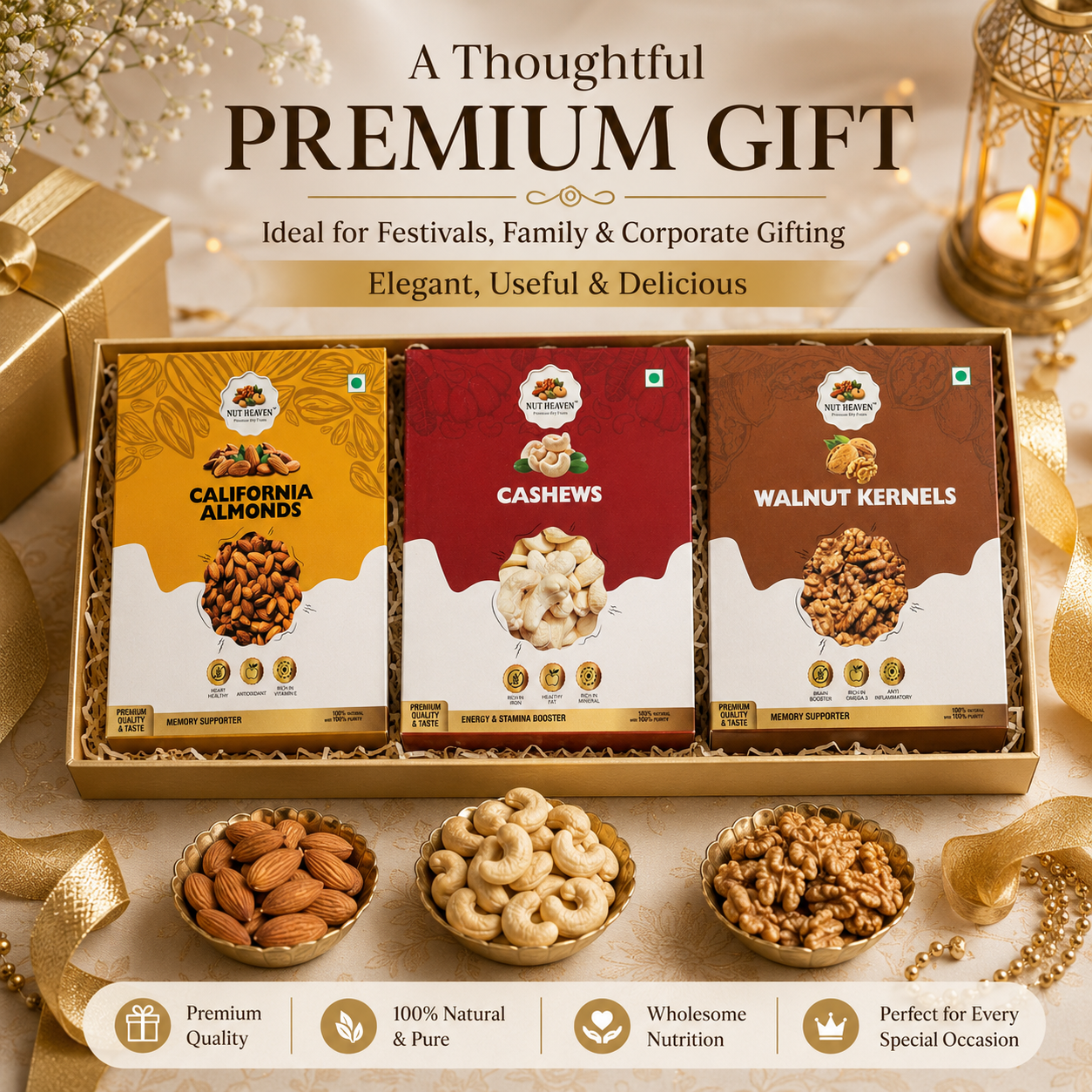 Nut Heaven Almonds 200g + Cashews 200g + Walnuts 200g | Royal Trio Box | Premium Healthy Dry Fruits Combo