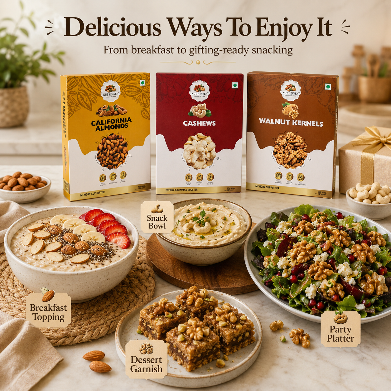 Nut Heaven Almonds 200g + Cashews 200g + Walnuts 200g | Royal Trio Box | Premium Healthy Dry Fruits Combo