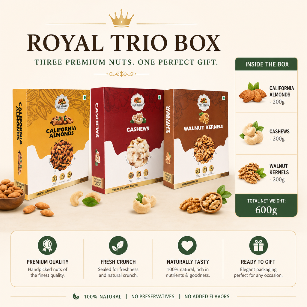 Nut Heaven Almonds 200g + Cashews 200g + Walnuts 200g | Royal Trio Box | Premium Healthy Dry Fruits Combo