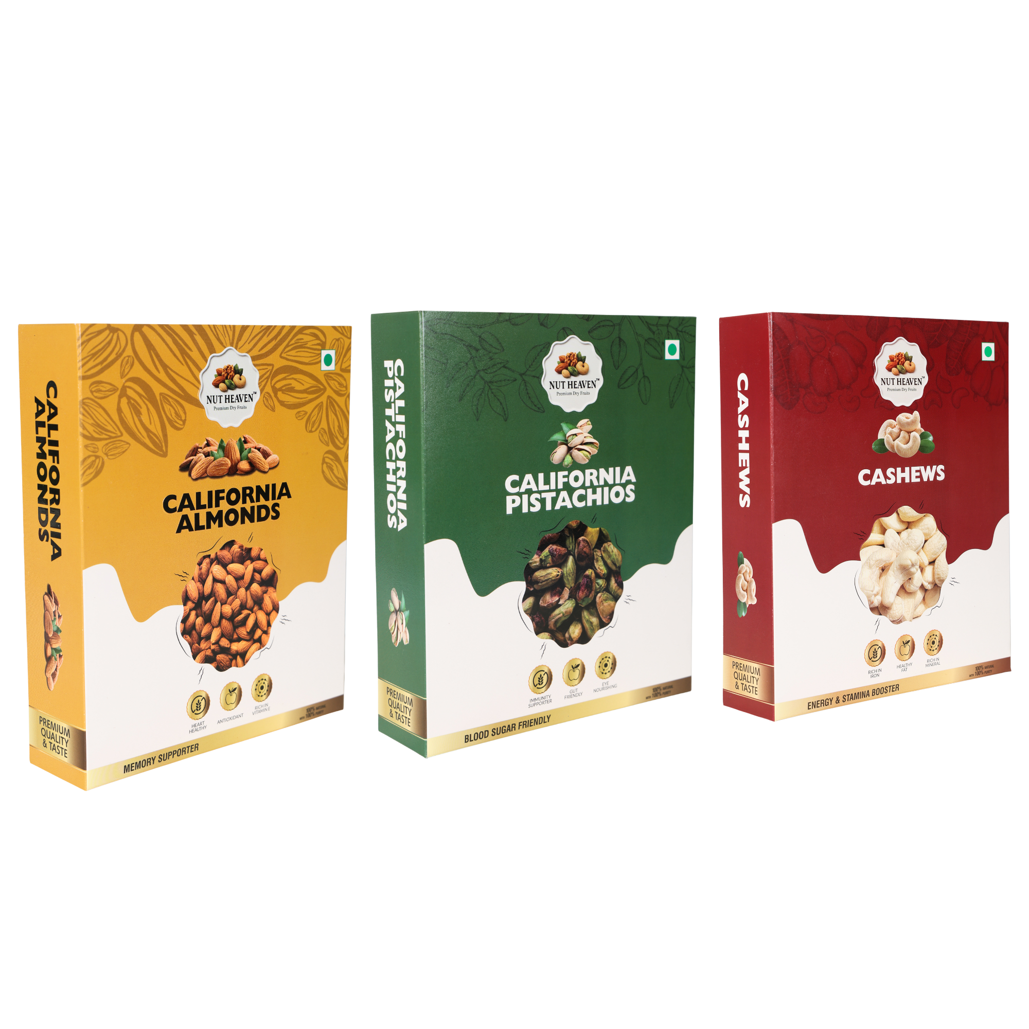 Nut Heaven Almonds 500g + Pistachios 500g + Cashews 500g | Mega Premium Pack | Luxury Dry Fruits Combo