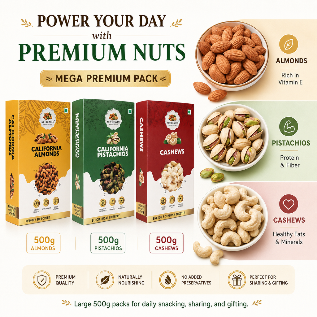 Nut Heaven Almonds 500g + Pistachios 500g + Cashews 500g | Mega Premium Pack | Luxury Dry Fruits Combo