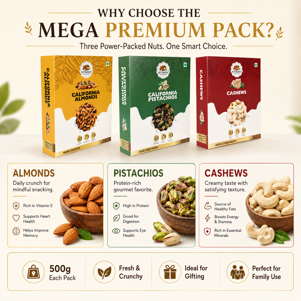 Nut Heaven Almonds 500g + Pistachios 500g + Cashews 500g | Mega Premium Pack | Luxury Dry Fruits Combo