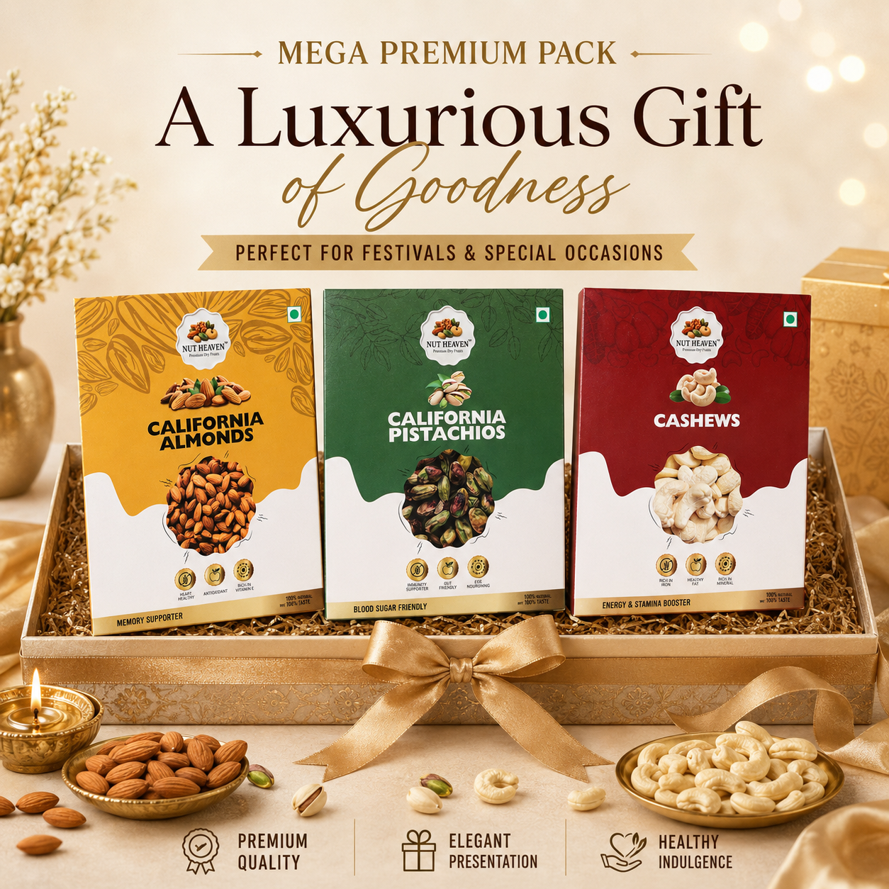 Nut Heaven Almonds 500g + Pistachios 500g + Cashews 500g | Mega Premium Pack | Luxury Dry Fruits Combo