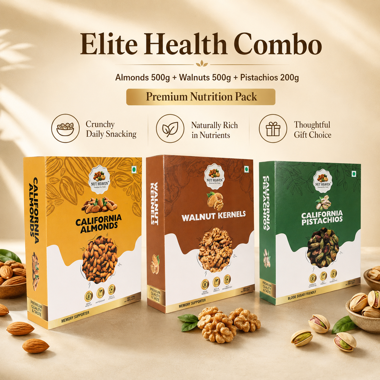 Nut Heaven Almonds 500g + Walnuts 500g + Pistachios 200g | Elite Health Combo | Premium Nutrition Pack