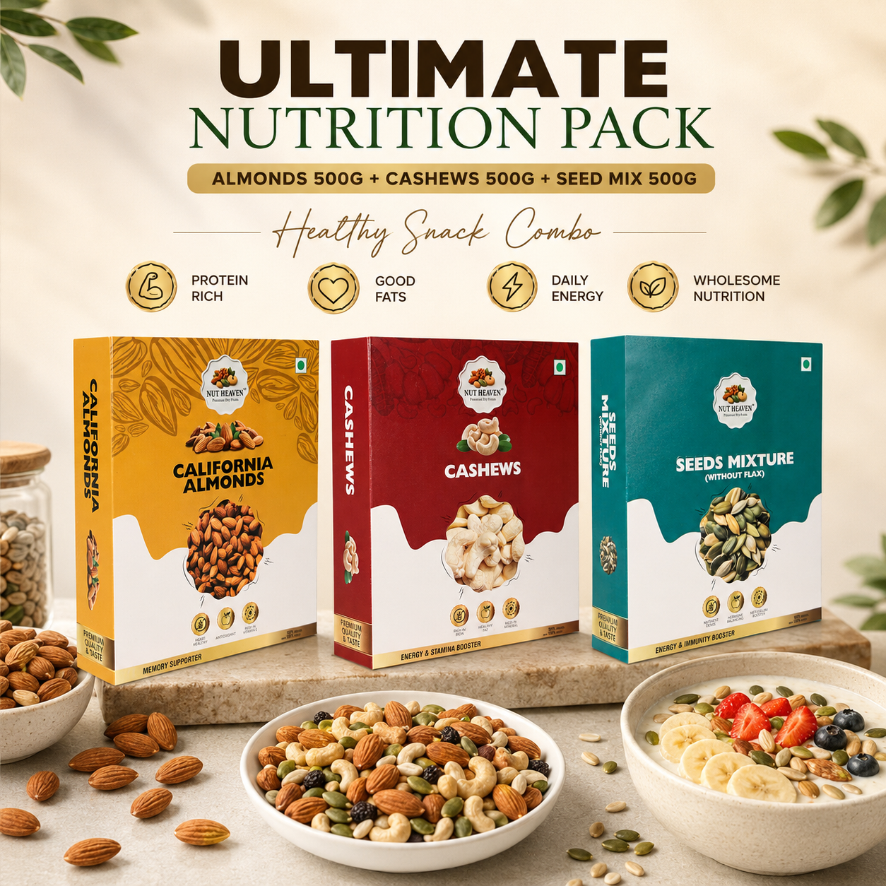 Nut Heaven Almonds 500g + Cashews 500g + Seed Mix 500g | Ultimate Nutrition Pack | Healthy Snack Combo