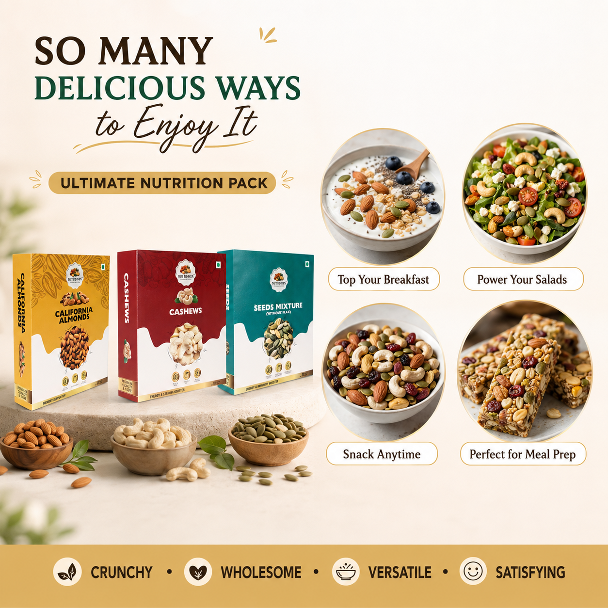 Nut Heaven Almonds 500g + Cashews 500g + Seed Mix 500g | Ultimate Nutrition Pack | Healthy Snack Combo