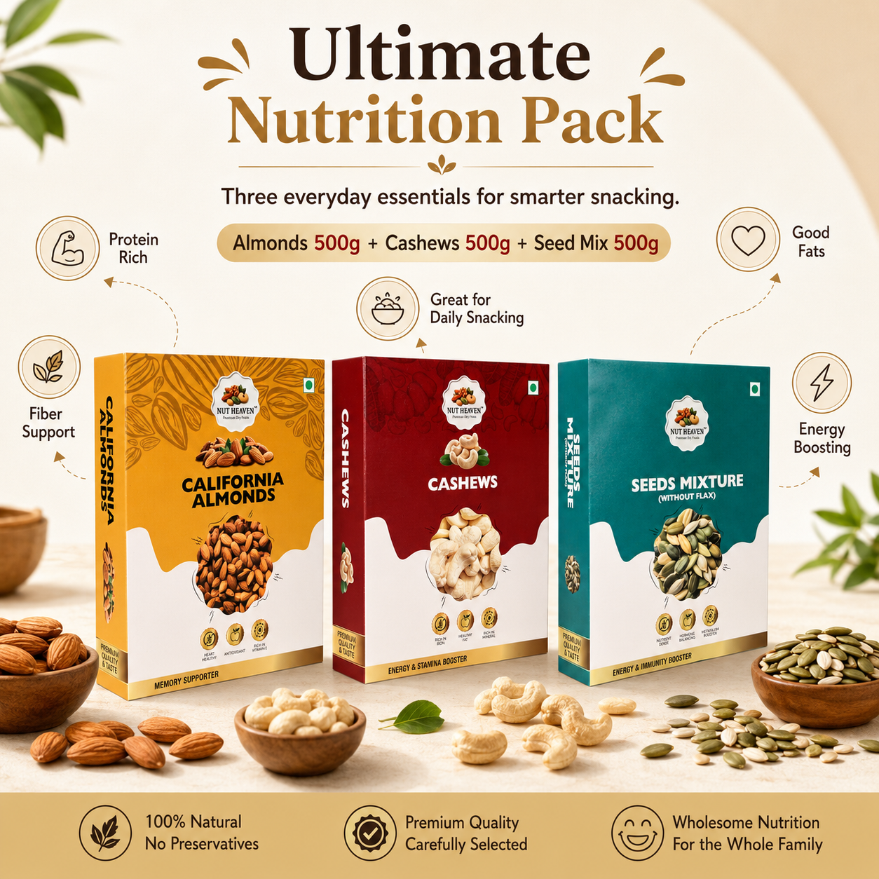 Nut Heaven Almonds 500g + Cashews 500g + Seed Mix 500g | Ultimate Nutrition Pack | Healthy Snack Combo