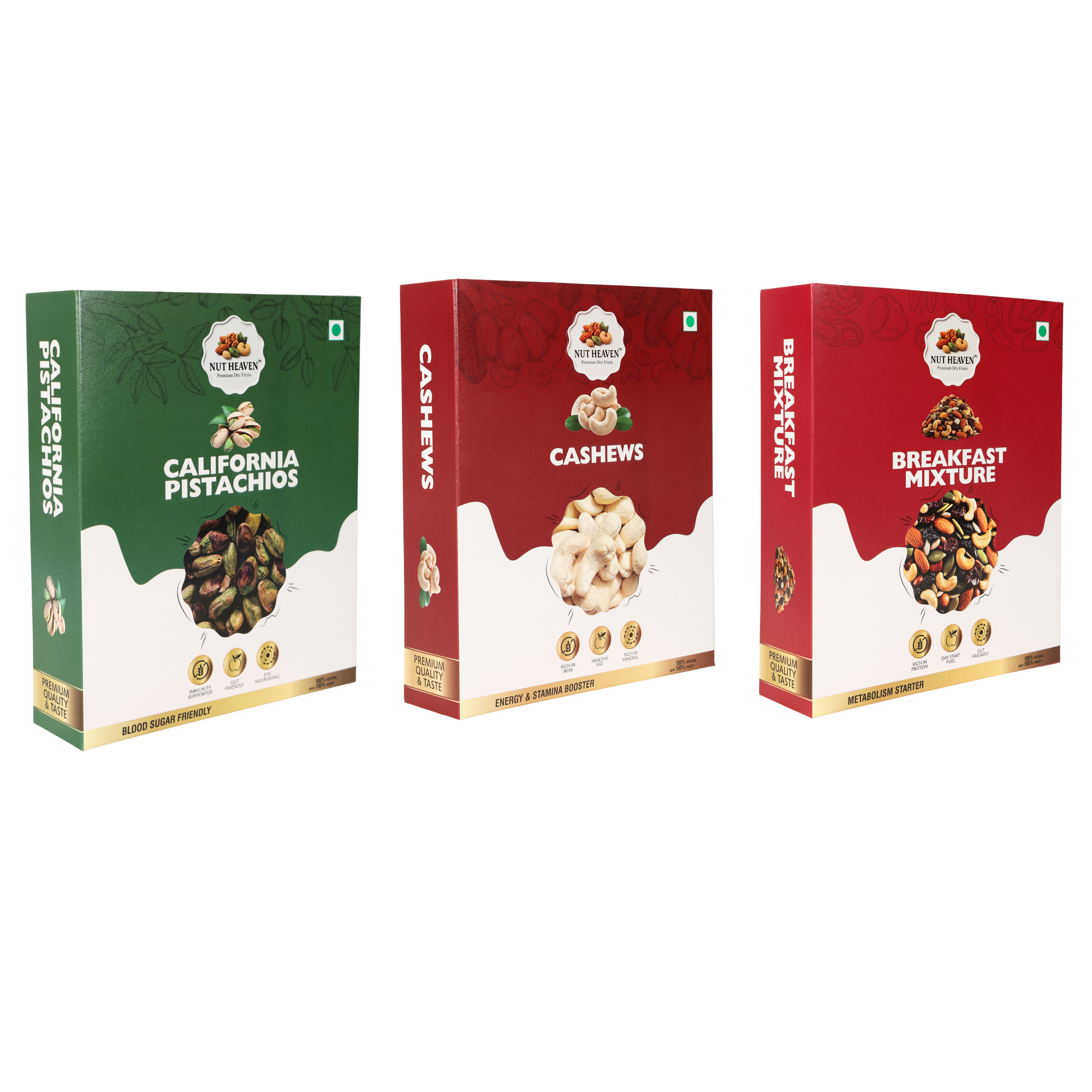 Nut Heaven Pistachios 500g + Cashews 500g + Breakfast Mix 500g | Luxury Snack Combo | Premium Nutrition Pack