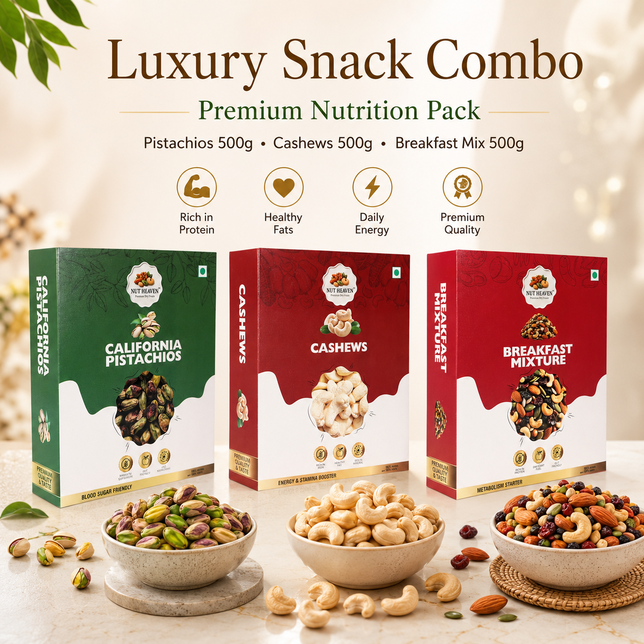 Nut Heaven Pistachios 500g + Cashews 500g + Breakfast Mix 500g | Luxury Snack Combo | Premium Nutrition Pack